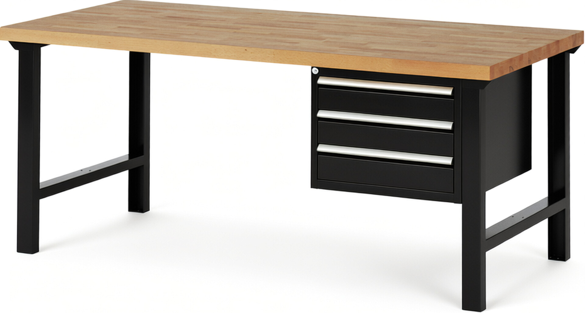 Werkbank Modell 7127 schwarz, BxTxH 2000x900x840 mm,  Buche-Massiv Arbeitsplatte 40 mm,  3 Schubladen mit  Vollauszug 100 % und  SoftClosing