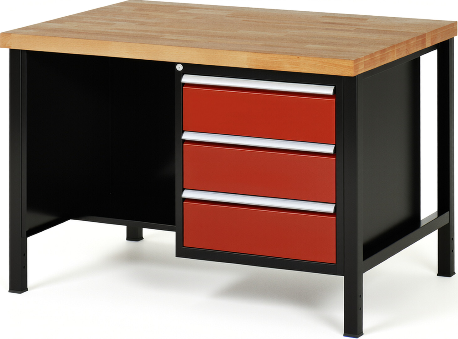 RAU Werkbank schwarz - rot - Breite 125 cm - Tiefe 90 cm - Höhe 104 cm - Buche-Massiv Arbeitsplatte 40 mm