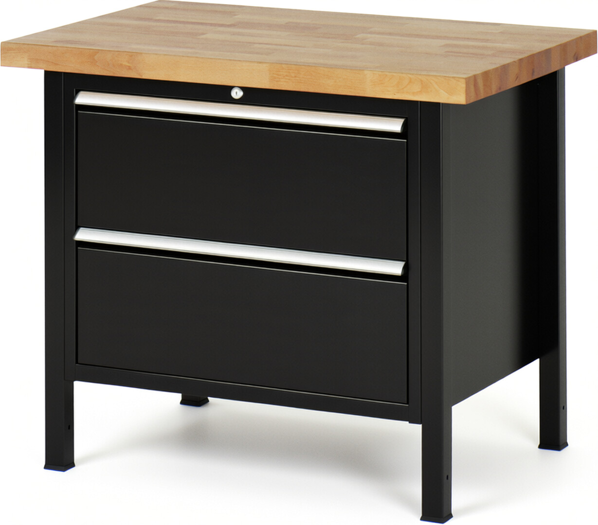 Werkbank Modell 8255 schwarz, BxTxH 1000x700x840 mm,  Buche-Massiv Arbeitsplatte 40 mm,  2 Schubladen mit  Auszug 90 %