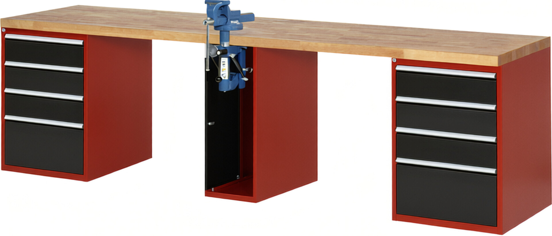 Werkbank Modell 7510 rot - schwarz, BxTxH 3000x700x840 mm,  Buche-Massiv Arbeitsplatte 40 mm,  8 Schubladen mit  Auszug 90 %