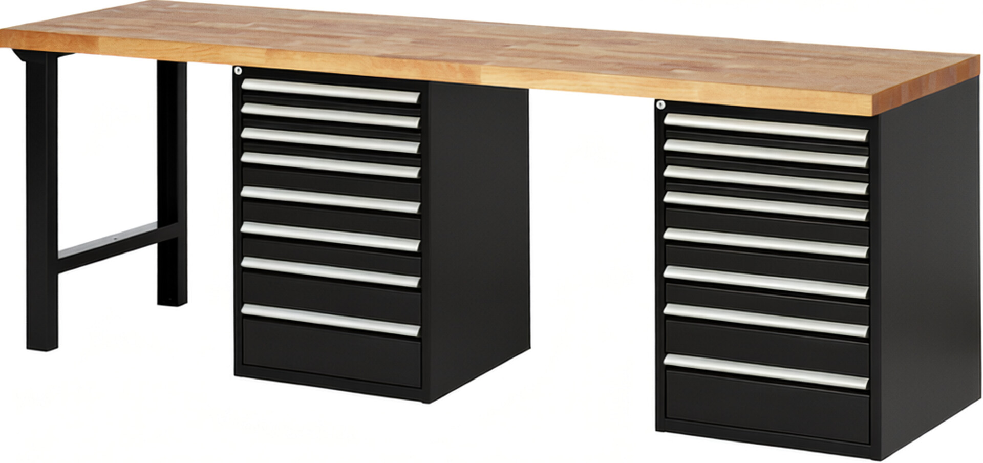 Werkbank Modell 7519 schwarz, BxTxH 2500x700x840 mm,  Buche-Massiv Arbeitsplatte 40 mm,  16 Schubladen mit  Auszug 90 %