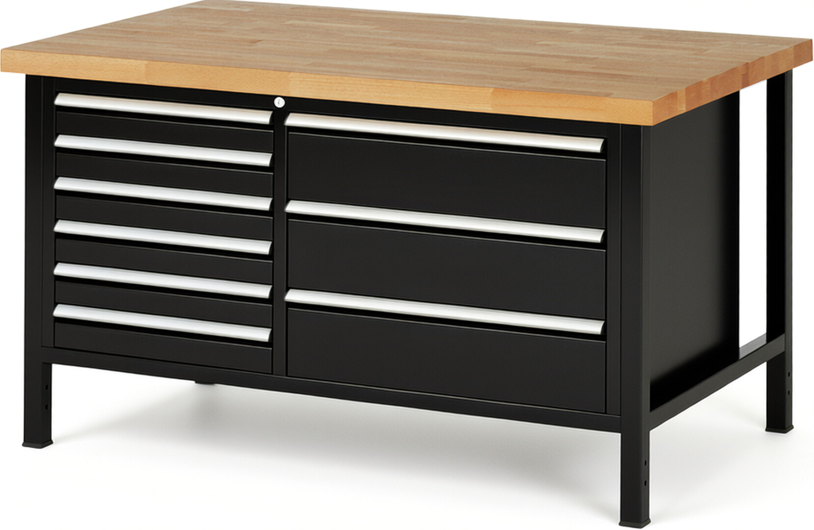 Werkbank Modell 8653 schwarz, BxTxH 1500x900x840-1040 mm,  Buche-Massiv Arbeitsplatte 40 mm,  9 Schubladen mit  Auszug 90 %
