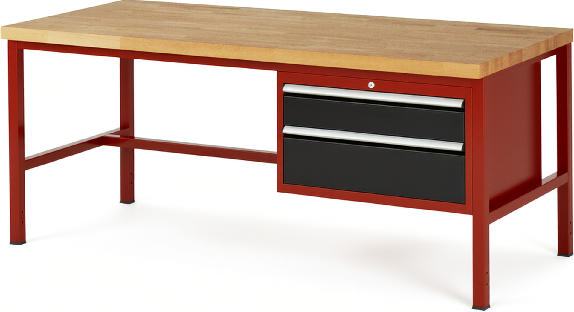 Werkbank Modell 8223 rot - schwarz, BxTxH 2000x900x840 mm,  Buche-Massiv Arbeitsplatte 40 mm,  2 Schubladen mit  Auszug 90 %