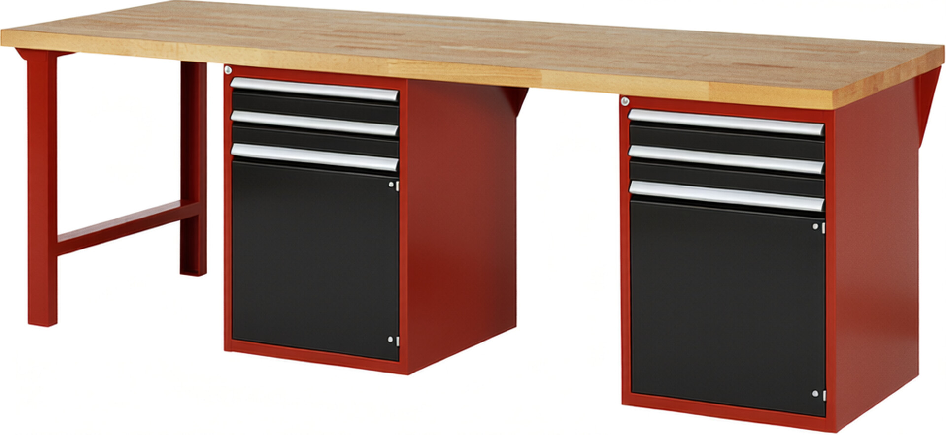 Werkbank Modell 7503 rot - schwarz, BxTxH 2500x900x840 mm,  Buche-Massiv Arbeitsplatte 40 mm,  4 Schubladen mit  Auszug 90 %