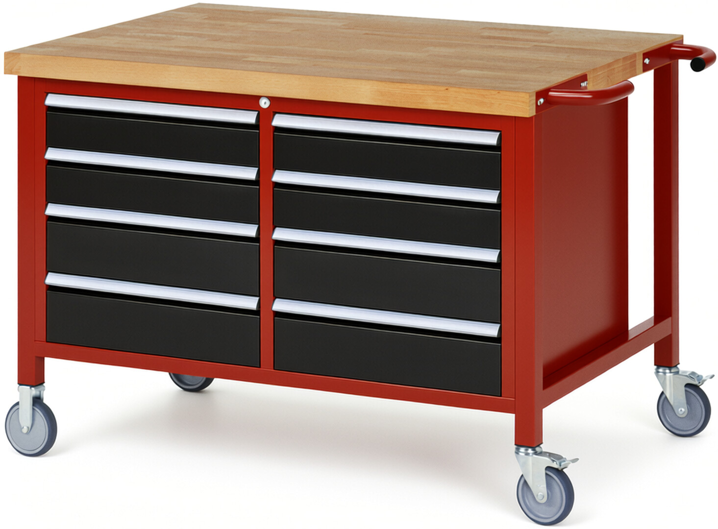 Fahrbare Werkbank Modell 8477 rot - schwarz, BxTxH 1250x900x880 mm,  Buche-Massiv Arbeitsplatte 40 mm,  8 Schubladen mit  Vollauszug 100 % und  SoftClosing