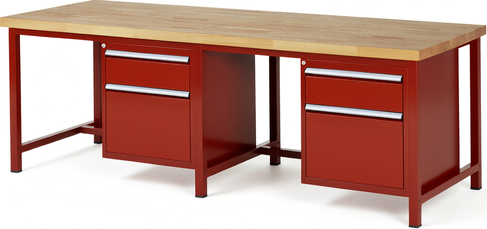 Werkbank Modell 8156 rot, BxTxH 2500x900x840 mm,  Buche-Massiv Arbeitsplatte 40 mm,  4 Schubladen mit  Vollauszug 100 % und  SoftClosing