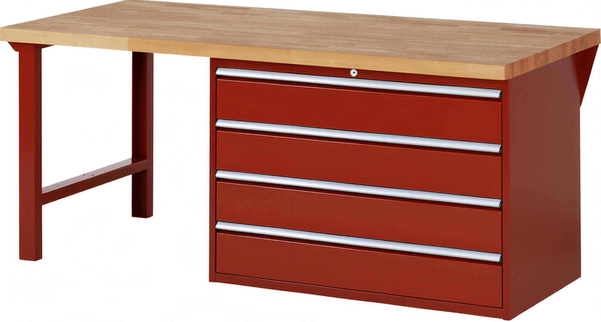 Werkbank Modell 7709 rot, BxTxH 2000x900x890 mm,  Buche-Massiv Arbeitsplatte 40 mm,  4 Schubladen mit  Auszug 90 %