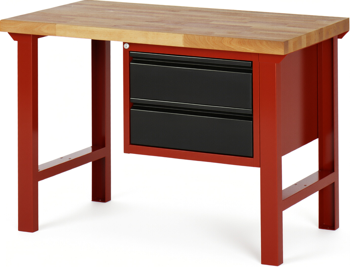 Werkbank rot - schwarz, BxTxH 1250x700x840 mm, Platte Buche 40 mm, 2 Schubladen 180 mm, RAL 3000/9011