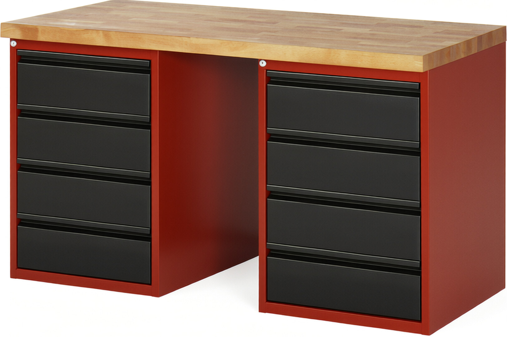 Werkbank - Modell 7509 BASIC rot - schwarz, BxTxH 1500x700x840 mm,  Buche-Massiv Arbeitsplatte 40 mm,  8 Schubladen mit  Auszug 90 %