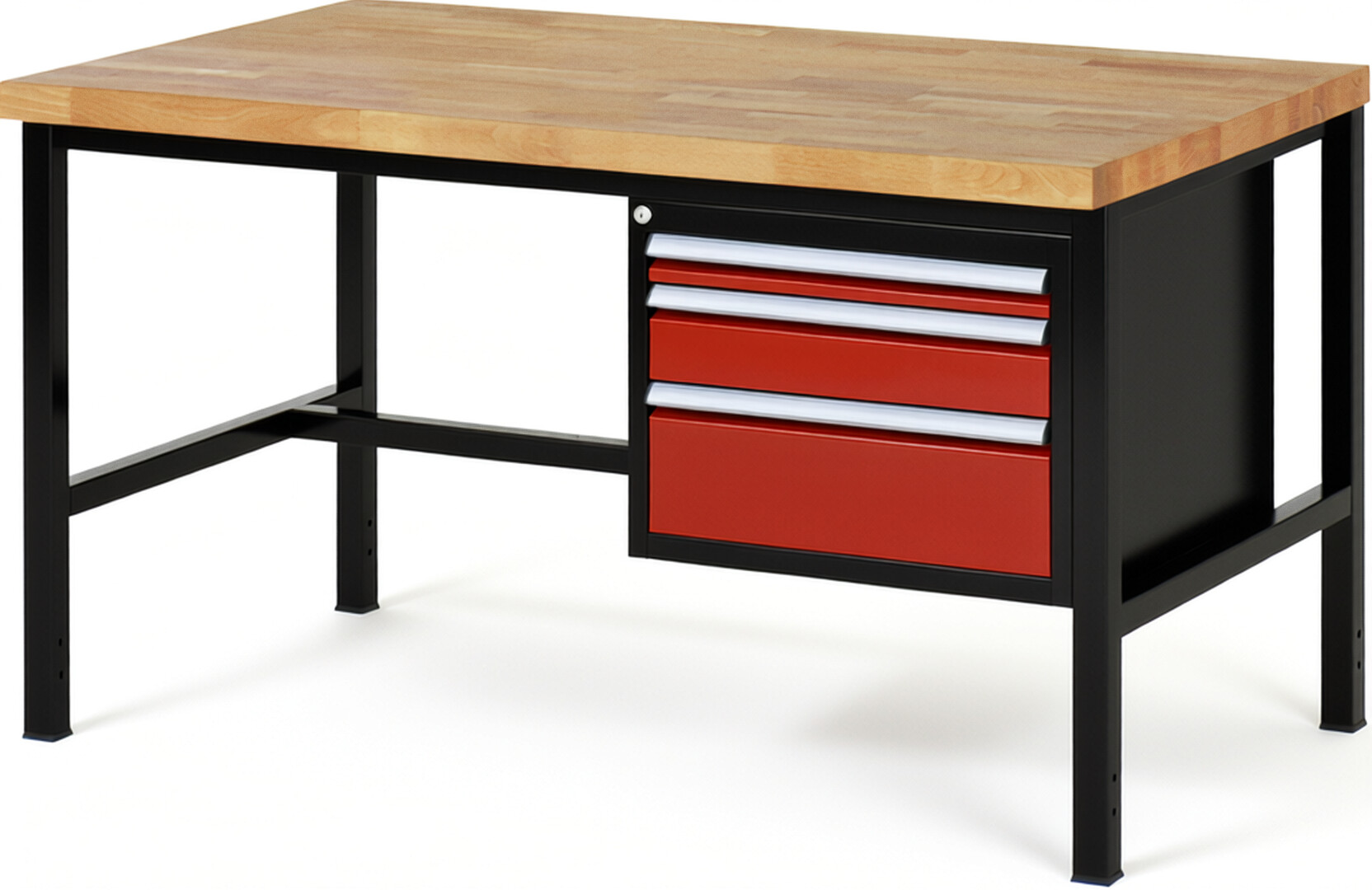 RAU Werkbank schwarz - rot - Breite 150 cm - Tiefe 90 cm - Höhe 104 cm - Buche-Massiv Arbeitsplatte 40 mm
