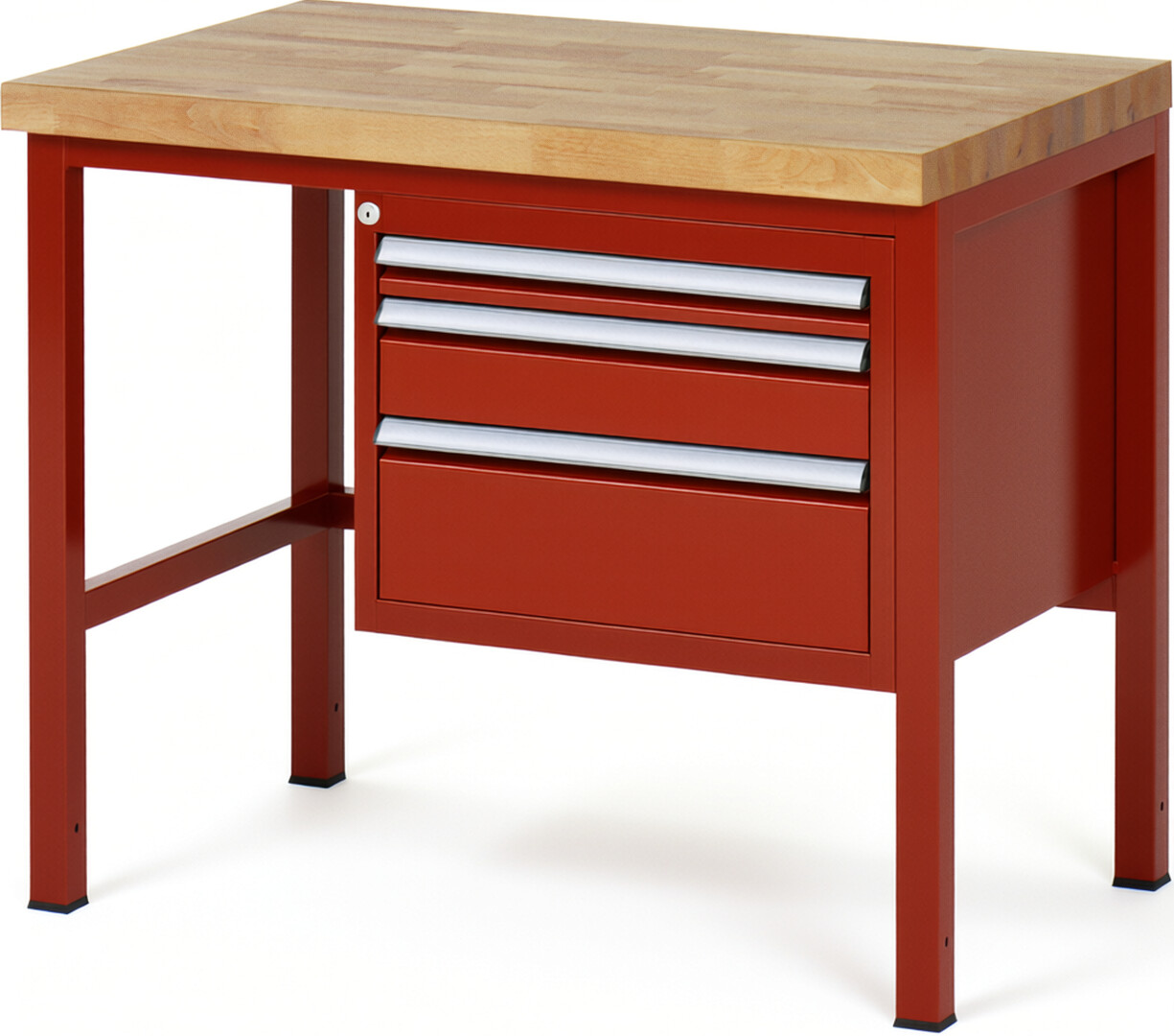 Werkbank Modell 8126 rot, BxTxH 1000x700x840 mm,  Buche-Massiv Arbeitsplatte 40 mm,  3 Schubladen mit  Auszug 90 %