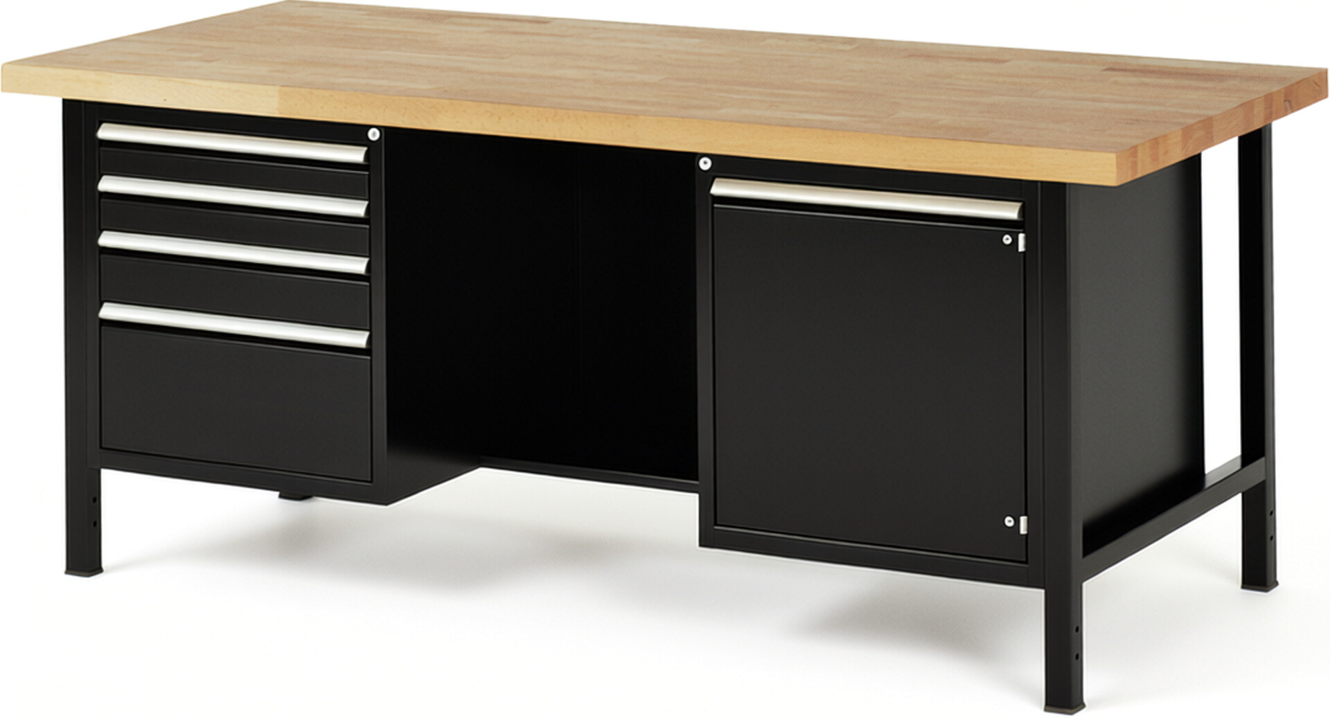 Werkbank Modell 8553 schwarz, BxTxH 2000x900x840 mm,  Buche-Massiv Arbeitsplatte 40 mm,  4 Schubladen mit  Auszug 90 %