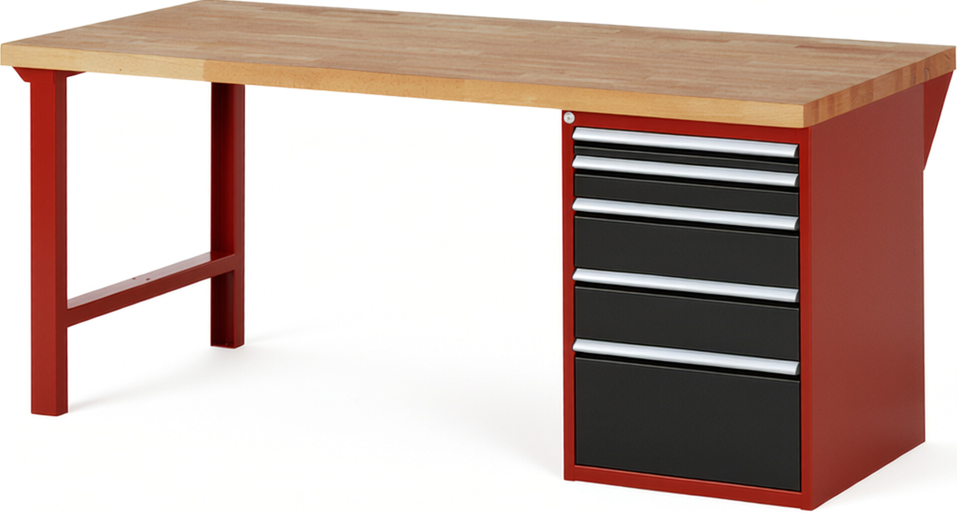 Werkbank Modell 7511 rot - schwarz, BxTxH 2000x900x890 mm,  Buche-Massiv Arbeitsplatte 40 mm,  5 Schubladen mit  Auszug 90 %