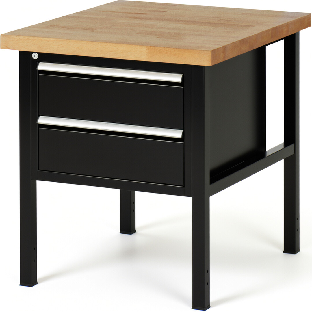 Werkbank Modell 8125 schwarz, BxTxH 750x900x840 mm,  Buche-Massiv Arbeitsplatte 40 mm,  2 Schubladen mit  Vollauszug 100 % und  SoftClosing