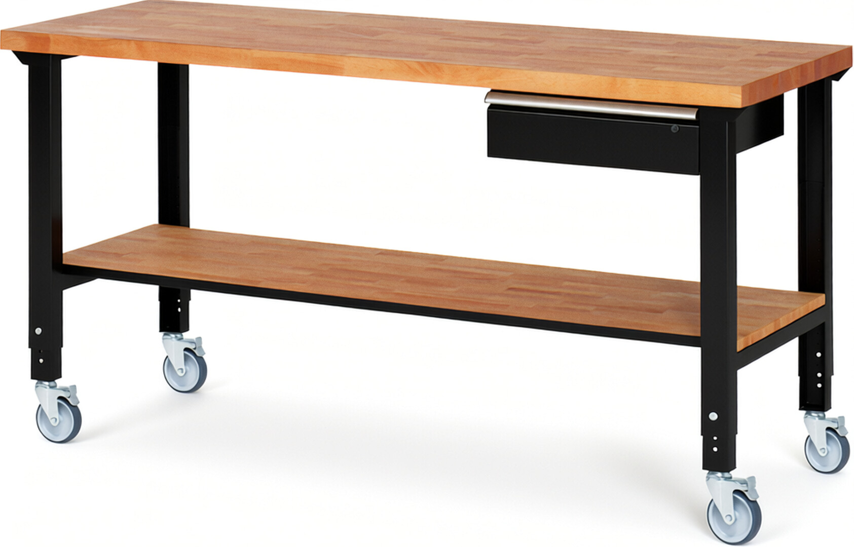 Fahrbare Werkbank Modell 7001 schwarz, BxTxH 2000x700x950-1000 mm,  Buche-Massiv Arbeitsplatte 40 mm,  1 Schublade mit  Auszug 90 %