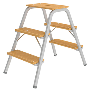 Trittleiter, Stufentritt, Stufen und Deckbrett aus Holz, Holme aus Stahl, grau beschichtet, Arbeitsh. ca. 2,60 m, Höhe Deckbrett 0,73 m, 3 Stufen inkl. Deckbrett