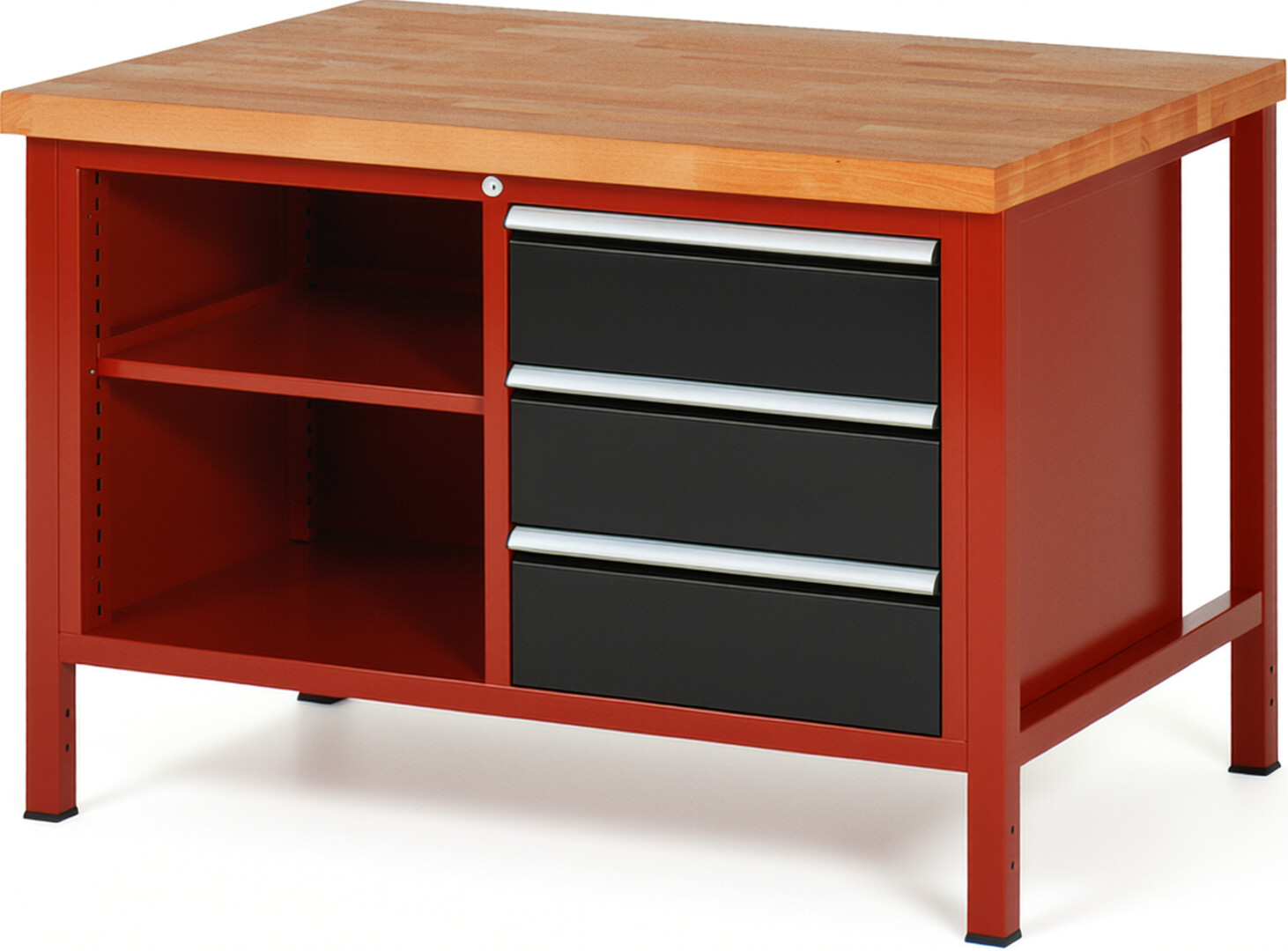 Werkbank Modell 8462 rot - schwarz, BxTxH 1250x900x840 mm,  Buche-Massiv Arbeitsplatte 40 mm,  3 Schubladen mit  Auszug 90 %