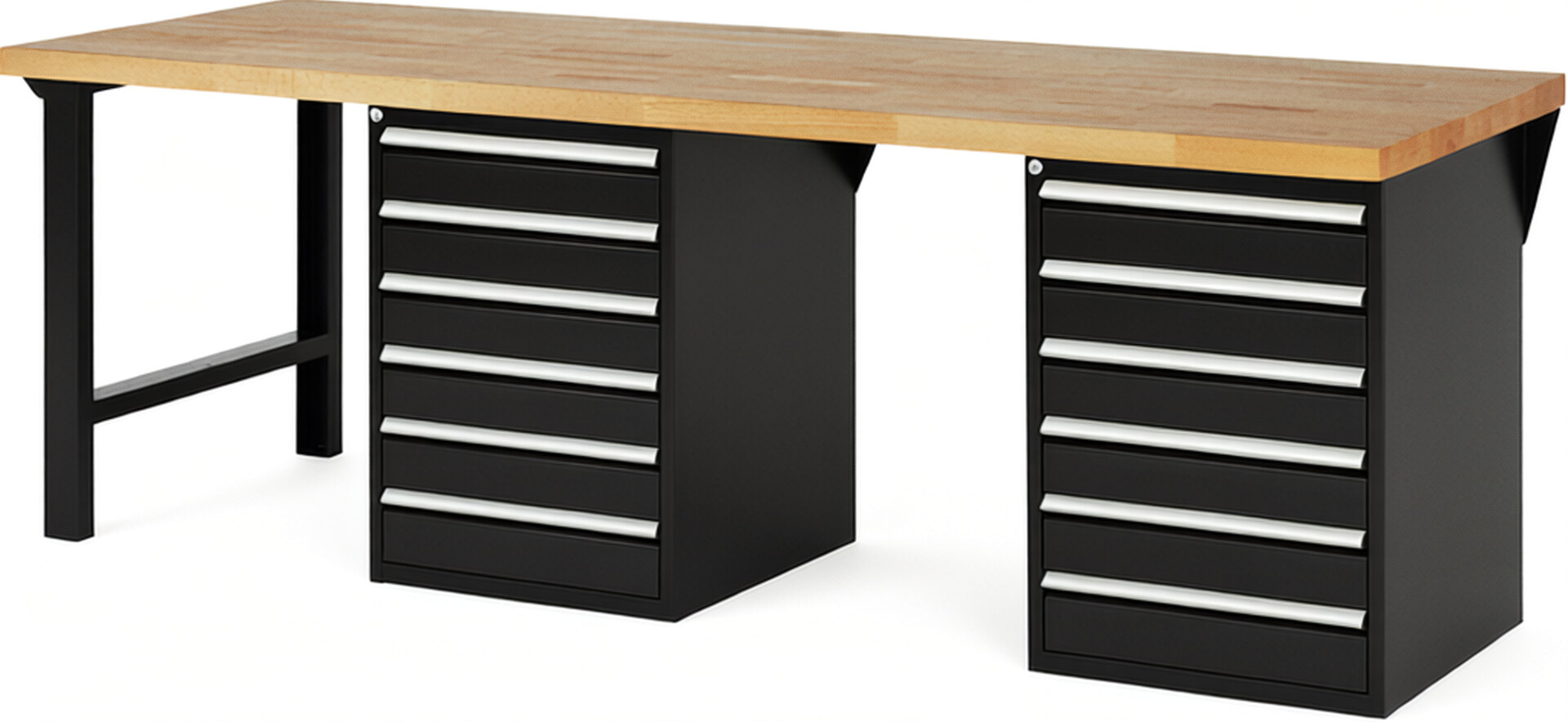 Werkbank Modell 7516 schwarz, BxTxH 2500x900x890 mm,  Buche-Massiv Arbeitsplatte 40 mm,  12 Schubladen mit  Auszug 90 %