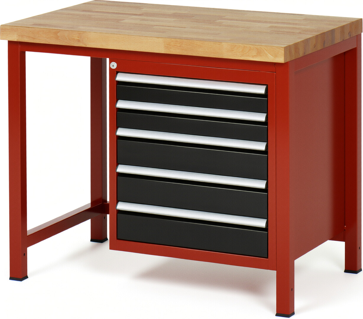 Werkbank Modell 8171 rot - schwarz, BxTxH 1000x700x840-1040 mm,  Buche-Massiv Arbeitsplatte 40 mm,  5 Schubladen mit  Auszug 90 %