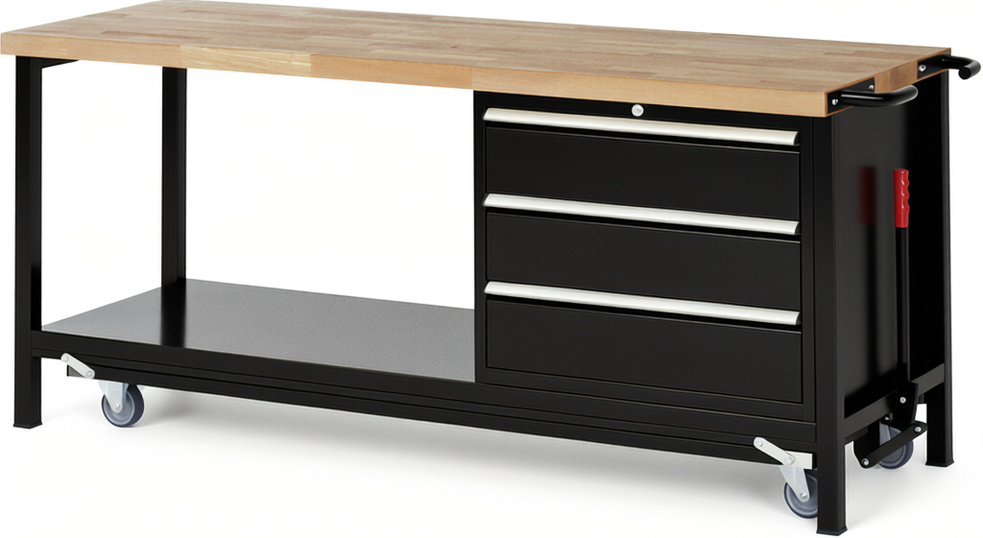 Absenkbare Werkbank Modell 8257 schwarz, BxTxH 2000x700x880 mm,  Buche-Massiv Arbeitsplatte 40 mm,  3 Schubladen mit  Auszug 90 %