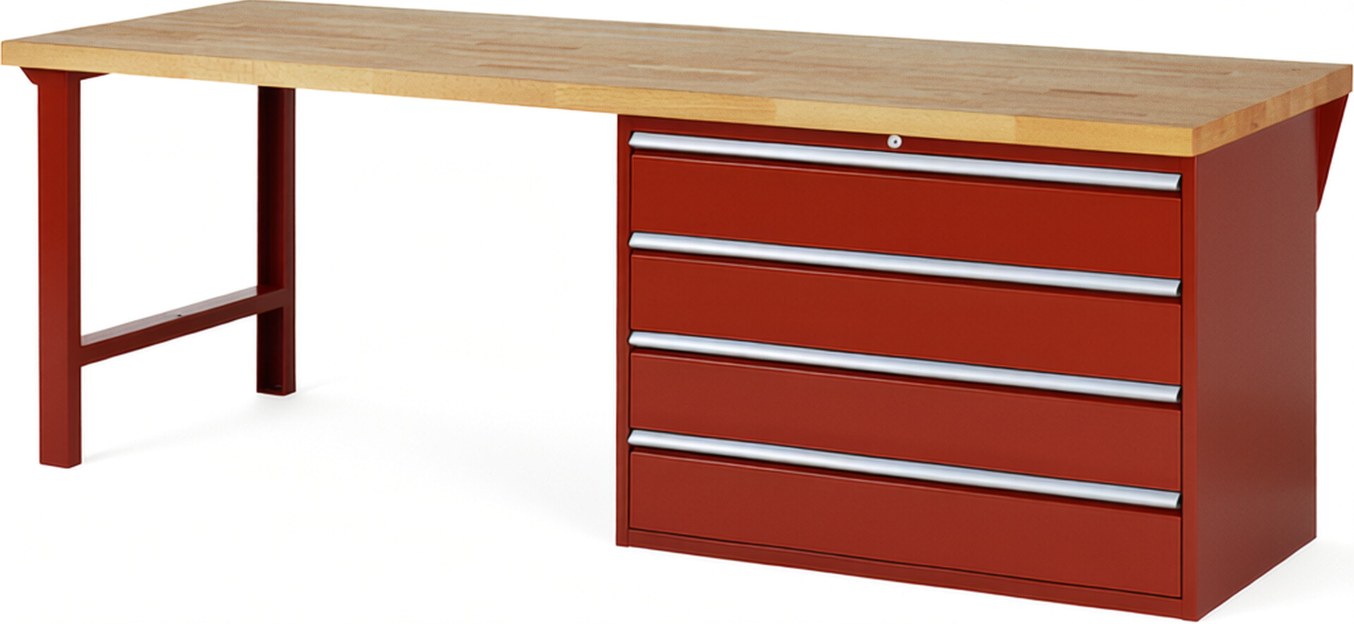 Werkbank Modell 7709 rot, BxTxH 2500x900x890 mm,  Buche-Massiv Arbeitsplatte 40 mm,  4 Schubladen mit  Vollauszug 100 % und  SoftClosing