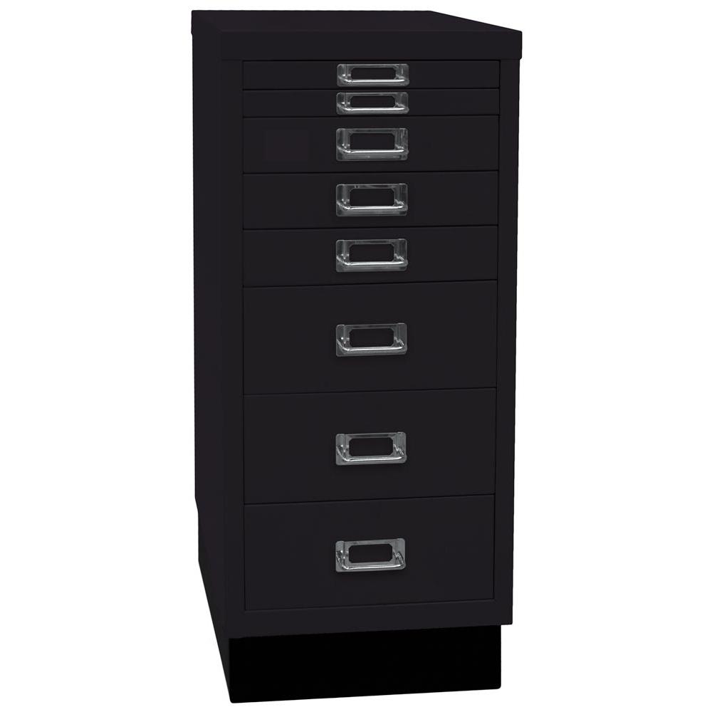 Schubladenschrank aus Stahl, BxTxH 279x380x670 mm, 8 Schubladen 2x25, 3x51, 3x102 mm, DIN A4, Sockel 80 mm hoch, schwarz
