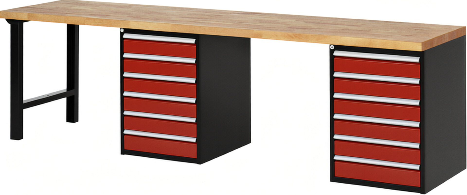 RAU Werkbank schwarz - rot - Breite 300 cm - Tiefe 70 cm - Höhe 89 cm - Buche-Massiv Arbeitsplatte 40 mm