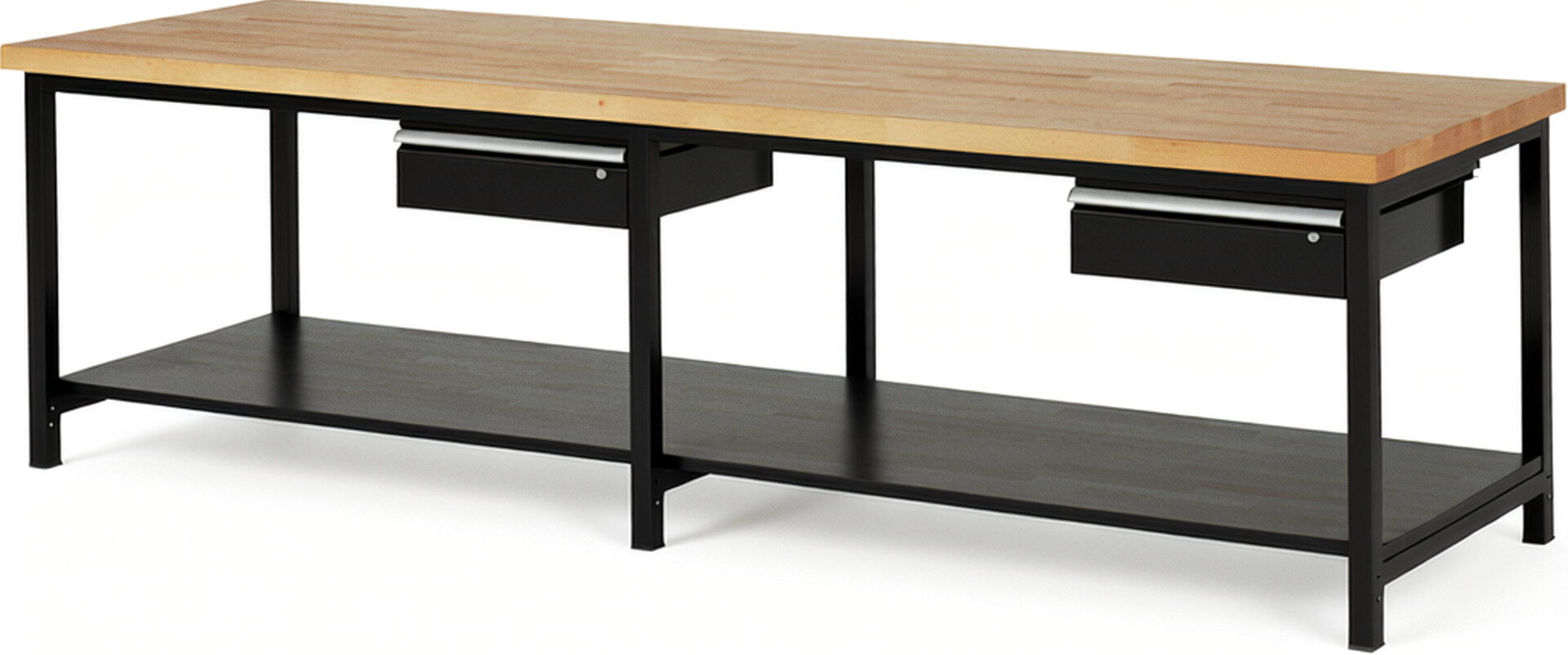 Werkbank Modell 8001 schwarz, BxTxH 3000x900x840-1040 mm,  Buche-Massiv Arbeitsplatte 40 mm,  2 Schubladen mit  Auszug 90 %
