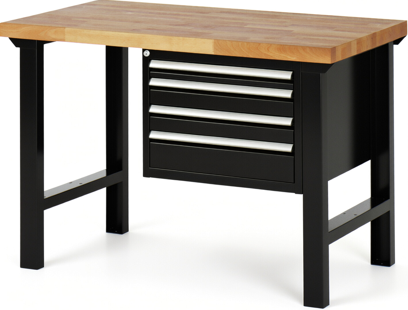 Werkbank Modell 7132 schwarz, BxTxH 1250x700x840 mm,  Buche-Massiv Arbeitsplatte 40 mm,  4 Schubladen mit  Vollauszug 100 % und  SoftClosing