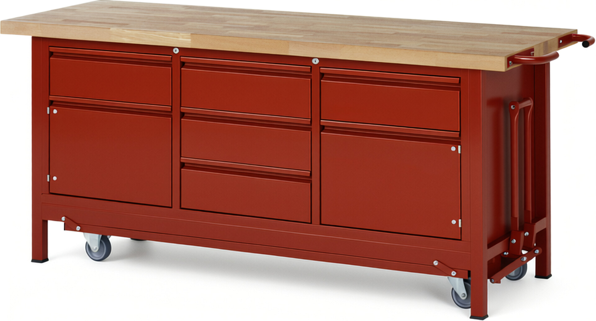 Absenkbare Werkbank - Modell 8568 BASIC rot, BxTxH 2000x700x880 mm,  Buche-Massiv Arbeitsplatte 40 mm,  5 Schubladen mit  Auszug 90 %