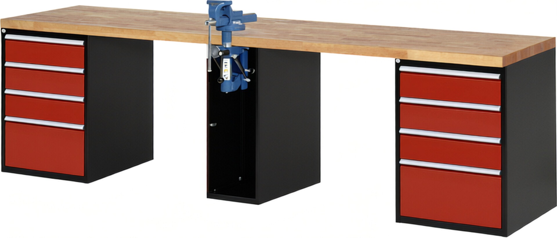 RAU Werkbank schwarz - rot - Breite 300 cm - Tiefe 70 cm - Höhe 89 cm - Buche-Massiv Arbeitsplatte 40 mm