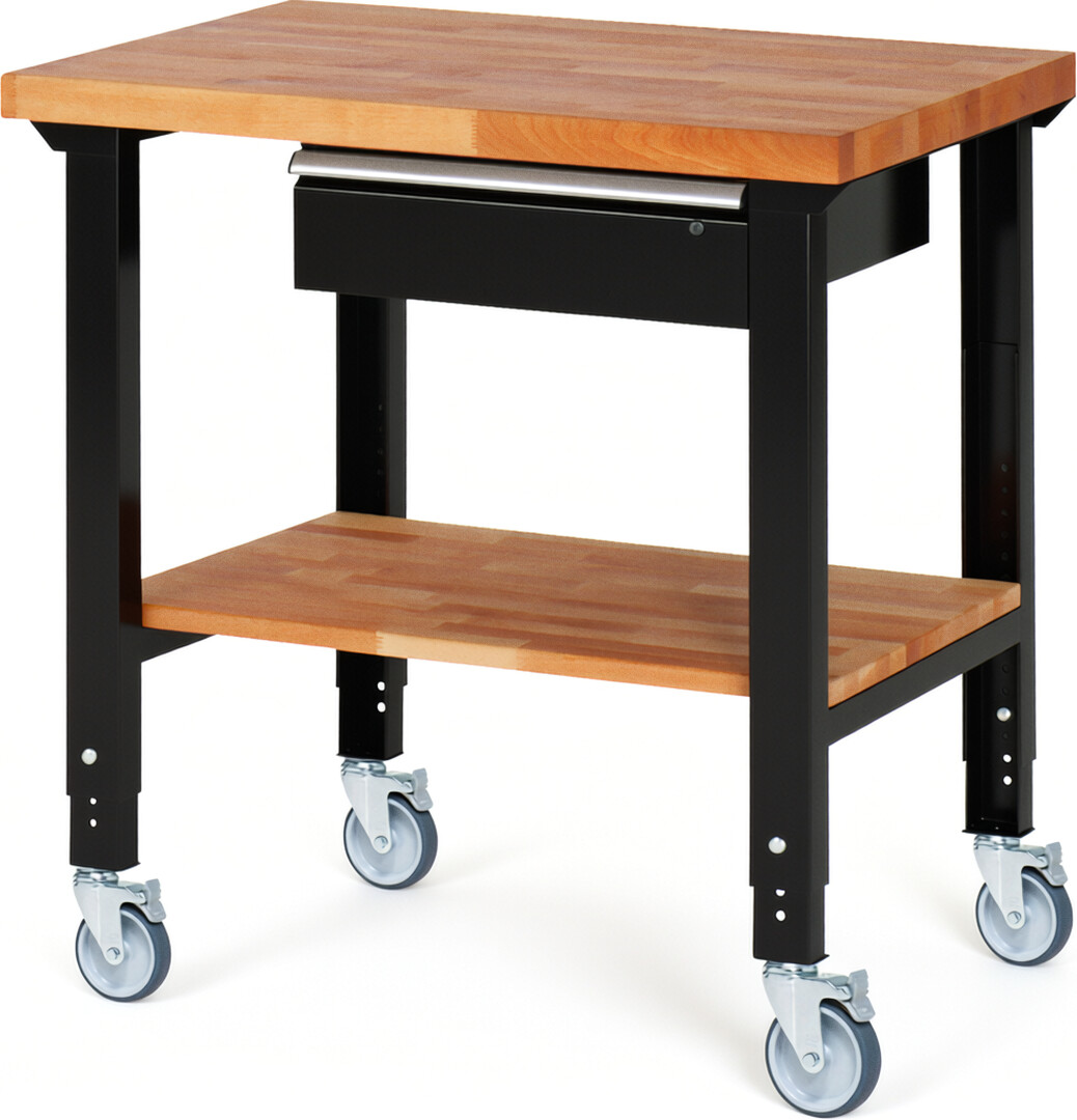 Fahrbare Werkbank Modell 7001 schwarz, BxTxH 1000x700x950-1000 mm,  Buche-Massiv Arbeitsplatte 40 mm,  1 Schublade mit  Auszug 90 %