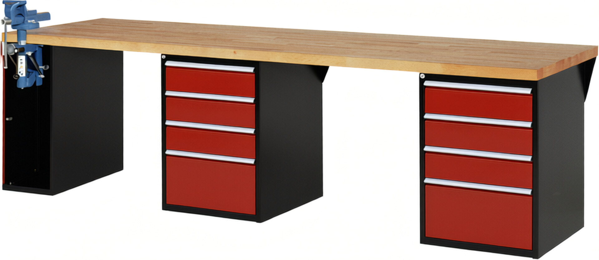 RAU Werkbank schwarz - rot - Breite 300 cm - Tiefe 90 cm - Höhe 89 cm - Buche-Massiv Arbeitsplatte 40 mm