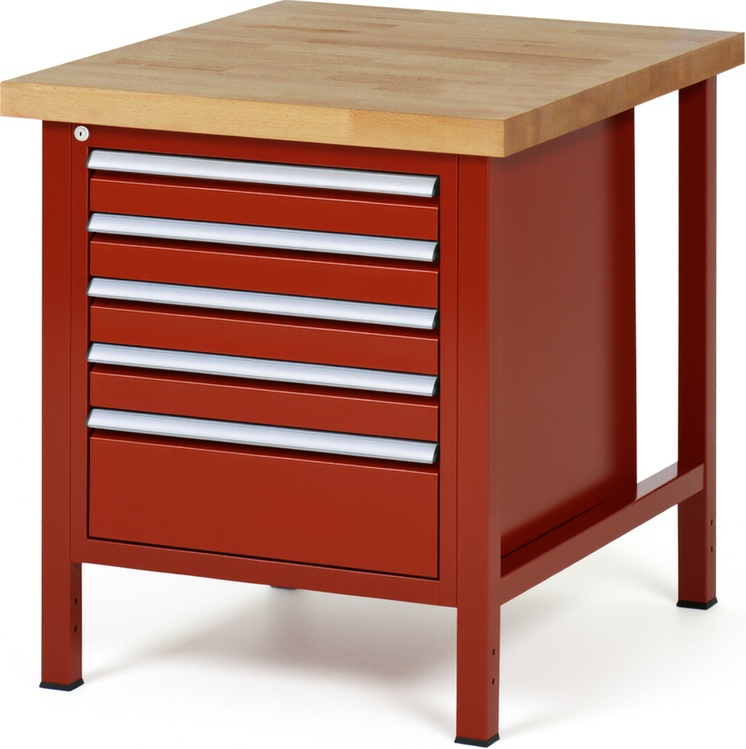 Werkbank Modell 8168 rot, BxTxH 750x900x840 mm,  Buche-Massiv Arbeitsplatte 40 mm,  5 Schubladen mit  Vollauszug 100 % und  SoftClosing