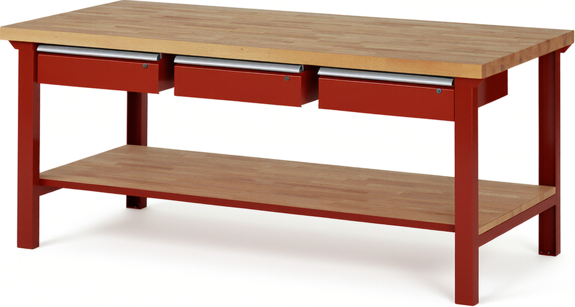 Werkbank Modell 7003 rot, BxTxH 2000x900x840 mm,  Buche-Massiv Arbeitsplatte 40 mm,  3 Schubladen mit  Auszug 90 %