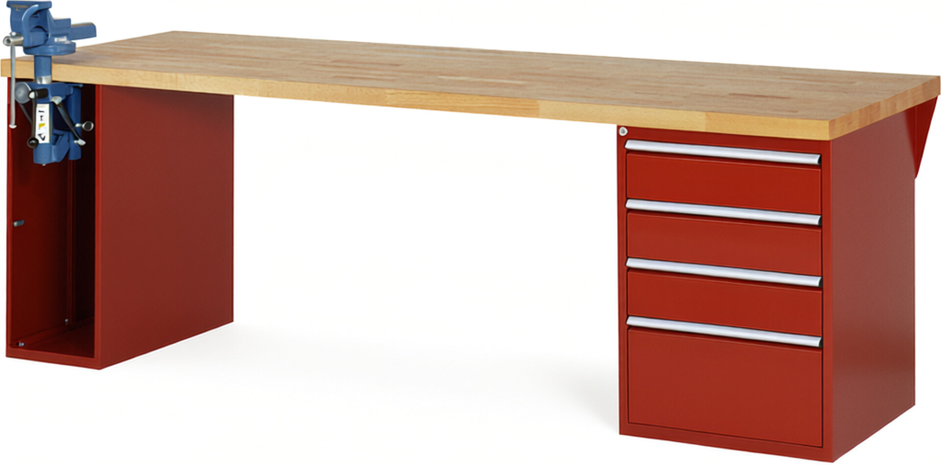 Werkbank Modell 7510 rot, BxTxH 2500x900x890 mm,  Buche-Massiv Arbeitsplatte 40 mm,  4 Schubladen mit  Auszug 90 %