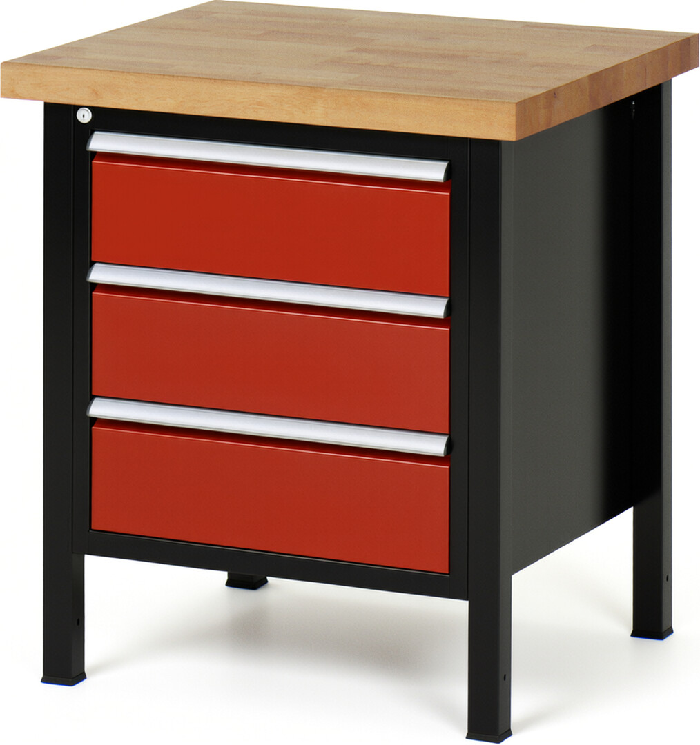 RAU Werkbank schwarz - rot - Breite 75 cm - Tiefe 70 cm - Höhe 104 cm - Buche-Massiv Arbeitsplatte 40 mm