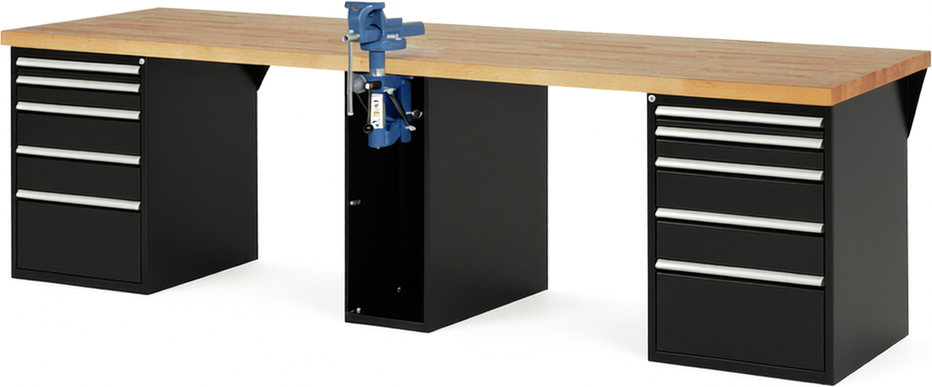 Werkbank Modell 7511 schwarz, BxTxH 3000x900x890 mm,  Buche-Massiv Arbeitsplatte 40 mm,  10 Schubladen mit  Auszug 90 %