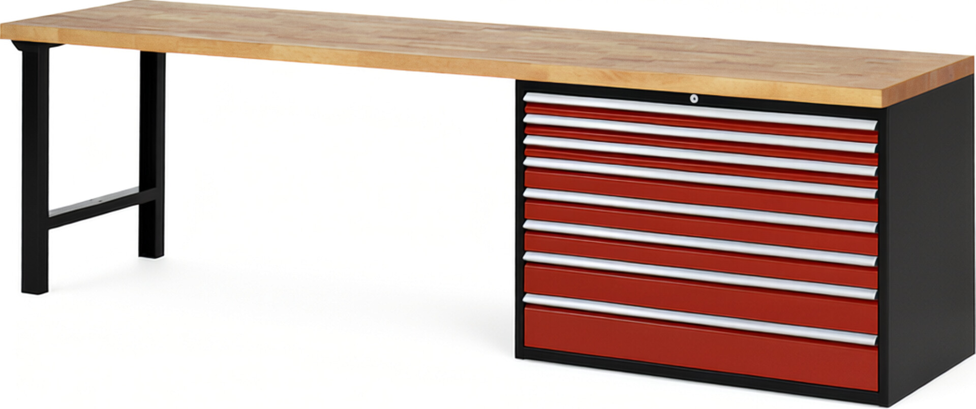 RAU Werkbank schwarz - rot - Breite 300 cm - Tiefe 70 cm - Höhe 89 cm - Buche-Massiv Arbeitsplatte 40 mm