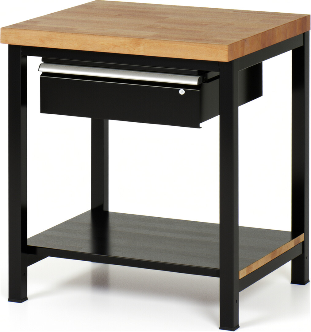 Werkbank Modell 8001 schwarz, BxTxH 750x700x840-1040 mm,  Buche-Massiv Arbeitsplatte 40 mm,  1 Schublade mit  Auszug 90 %
