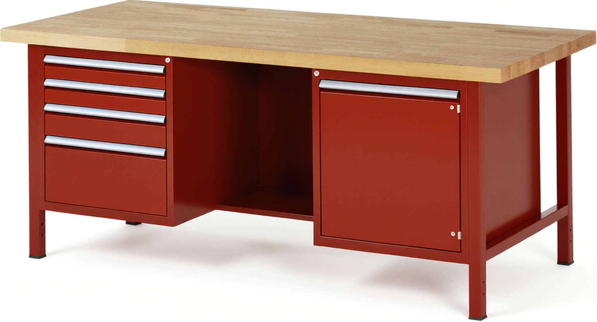 Werkbank Modell 8553 rot, BxTxH 2000x900x840 mm,  Buche-Massiv Arbeitsplatte 40 mm,  4 Schubladen mit  Auszug 90 %