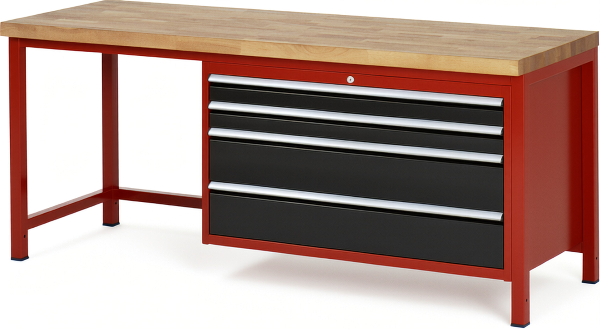 Werkbank Modell 8361 rot - schwarz, BxTxH 2000x700x840-1040 mm,  Buche-Massiv Arbeitsplatte 40 mm,  4 Schubladen mit  Auszug 90 %