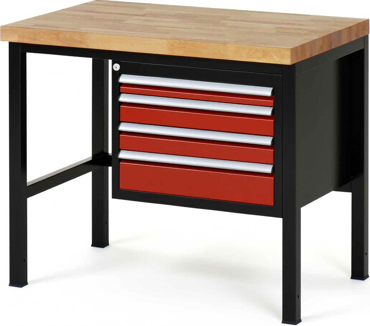 RAU Werkbank schwarz - rot - Breite 100 cm - Tiefe 70 cm - Höhe 104 cm - Buche-Massiv Arbeitsplatte 40 mm