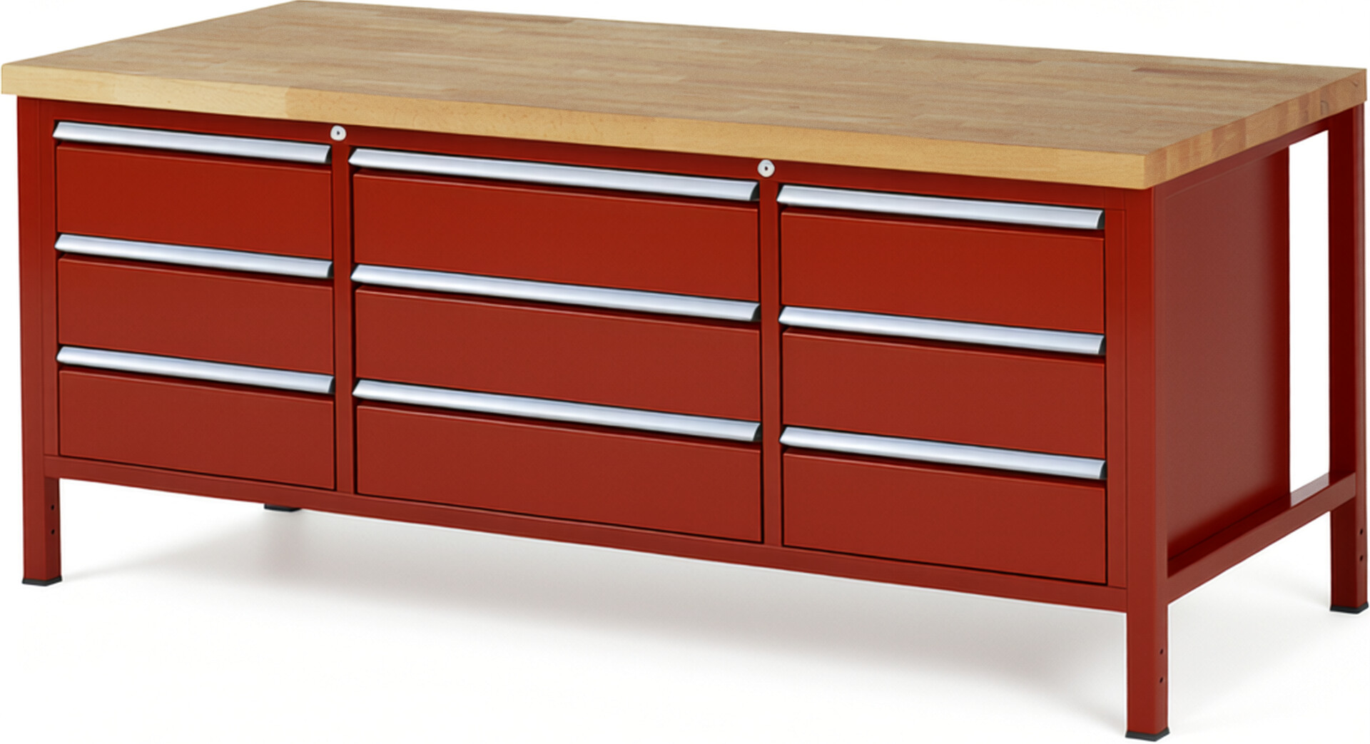 Werkbank Modell 8754 rot, BxTxH 2000x900x840 mm,  Buche-Massiv Arbeitsplatte 40 mm,  9 Schubladen mit  Auszug 90 %