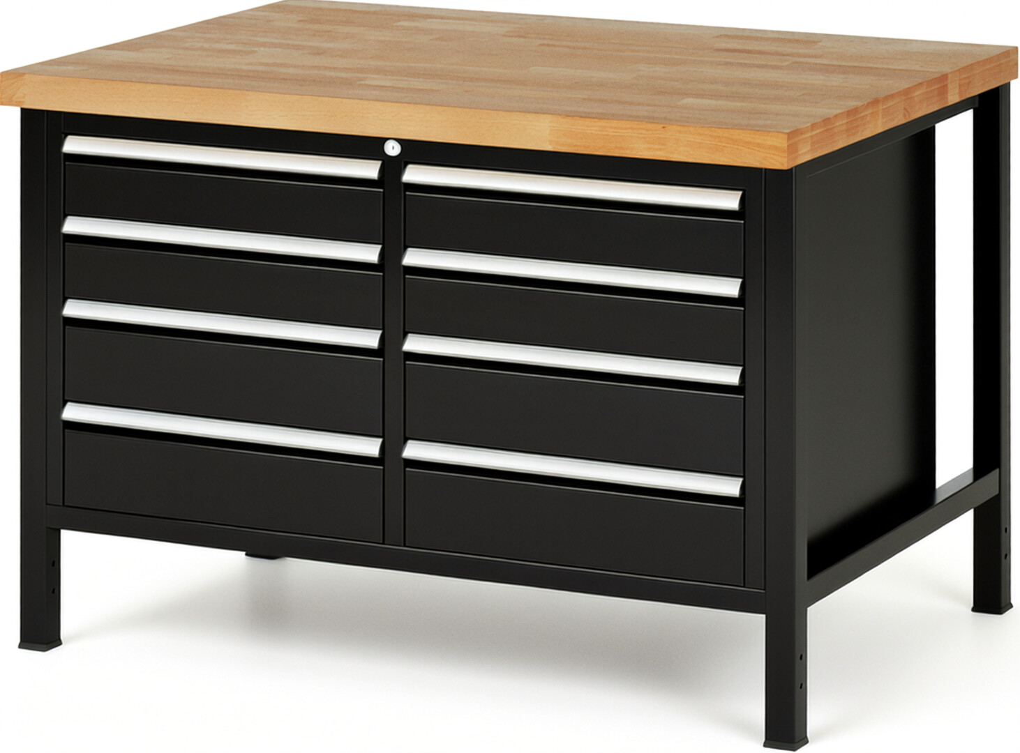 Werkbank Modell 8477 schwarz, BxTxH 1250x900x840 mm,  Buche-Massiv Arbeitsplatte 40 mm,  8 Schubladen mit  Vollauszug 100 % und  SoftClosing