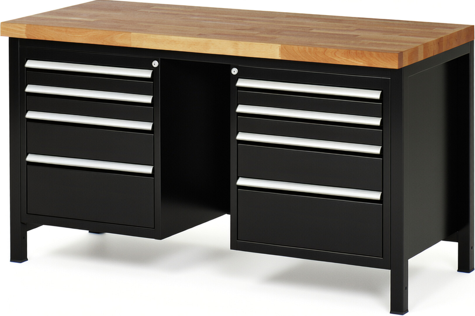 Werkbank Modell 8182 schwarz, BxTxH 1500x700x840-1040 mm,  Buche-Massiv Arbeitsplatte 40 mm,  8 Schubladen mit  Auszug 90 %