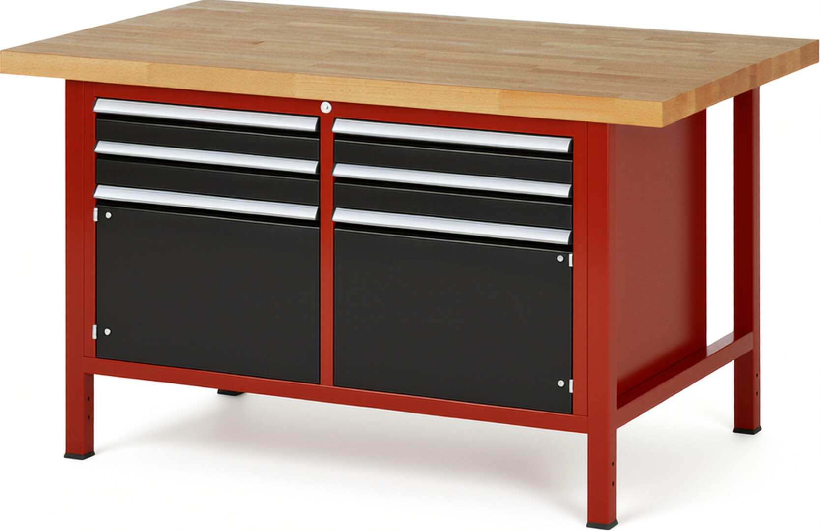 Werkbank Modell 8469 rot - schwarz, BxTxH 1500x900x840-1040 mm,  Buche-Massiv Arbeitsplatte 40 mm,  4 Schubladen mit  Auszug 90 %