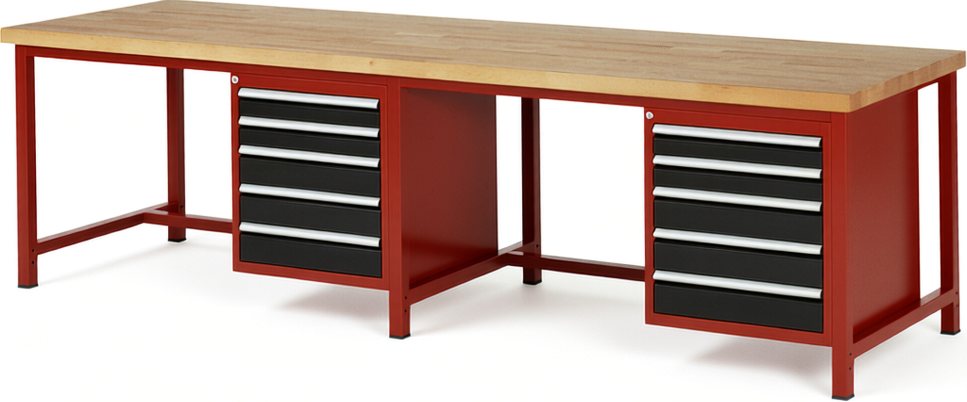 Werkbank Modell 8171 rot - schwarz, BxTxH 3000x900x840-1040 mm,  Buche-Massiv Arbeitsplatte 40 mm,  10 Schubladen mit  Vollauszug 100 % und  SoftClosing