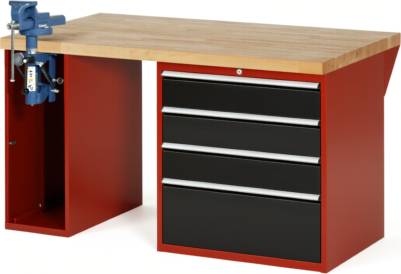 Werkbank Modell 7610 rot - schwarz, BxTxH 1500x900x840 mm,  Buche-Massiv Arbeitsplatte 40 mm,  4 Schubladen mit  Auszug 90 %