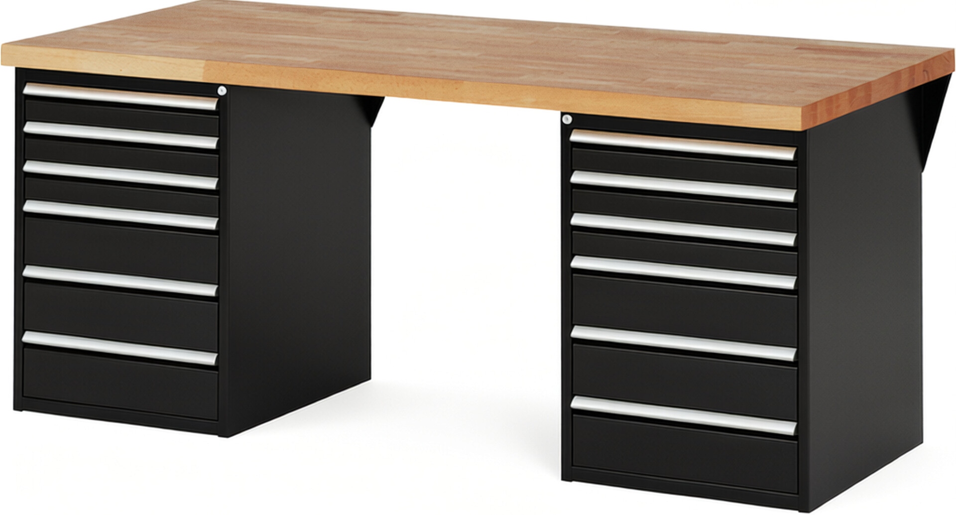 Werkbank Modell 7515 schwarz, BxTxH 2000x900x890 mm,  Buche-Massiv Arbeitsplatte 40 mm,  12 Schubladen mit  Auszug 90 %